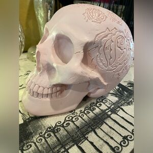 LIKE NEW Pink Floral Roses Etched Resin Skull Decor